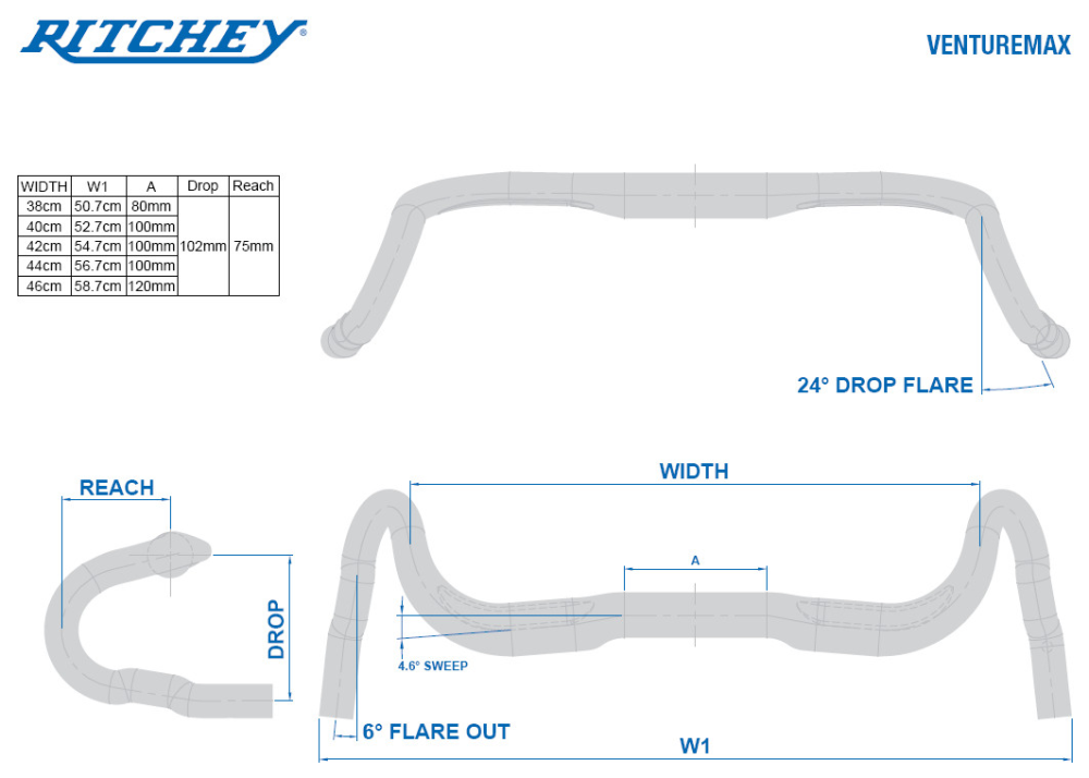 Ritchey Road Lenker WCS Venturemax V2 46cm (c-c oben), Blatte black, 31.8mm, Di2 internal routing