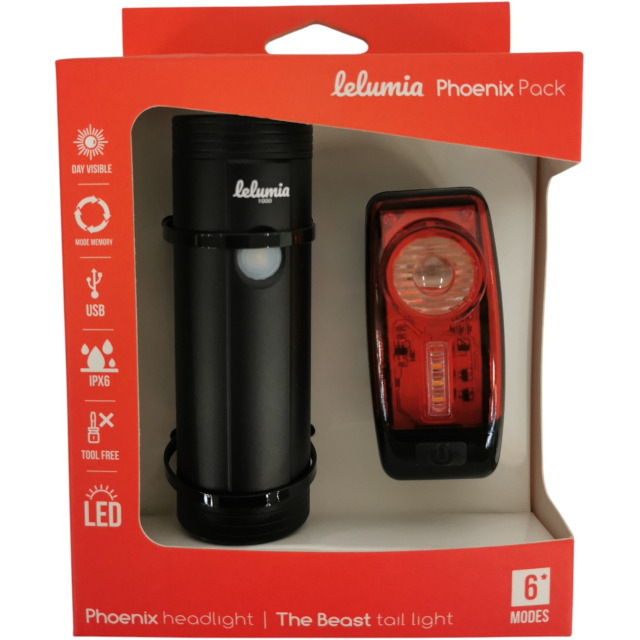 Lelumia Lampe Phoenix 1000 / Rücklicht Beast 150 USB Set, 1000 Lumen inkl. USB-C/ Micro Ladekabel schwarz